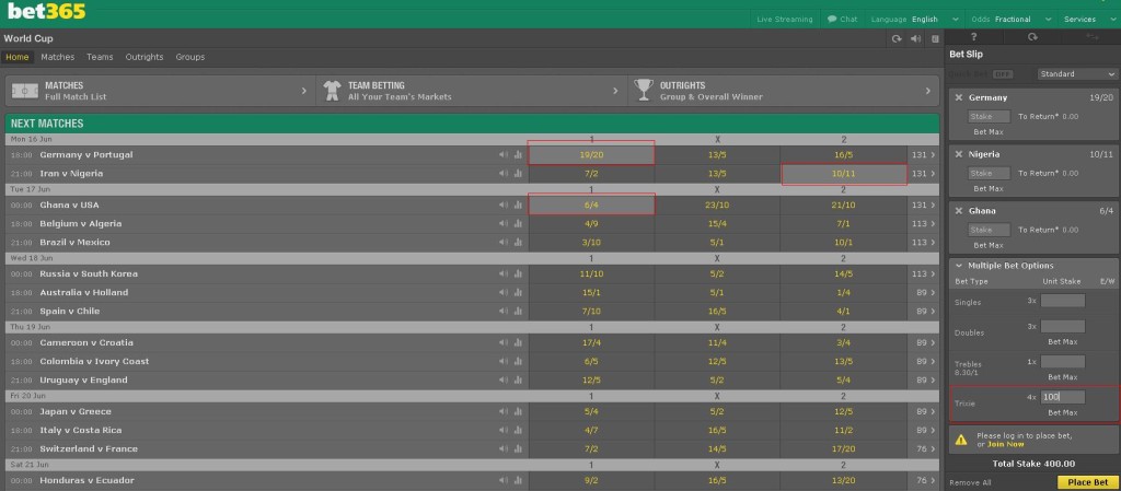 Placing a trixie bet at Bet365: Germany, Nigeria and Ghana should bring us a nice World Cup 2014 profit.